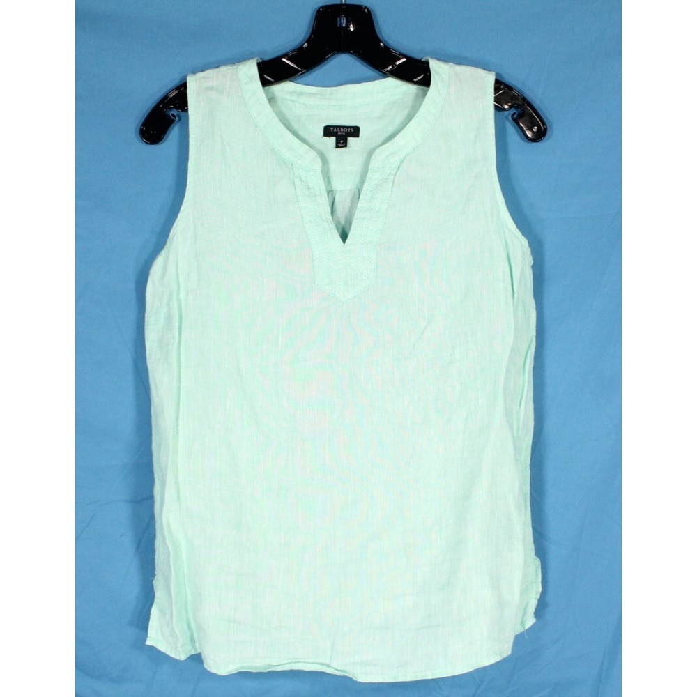 TALBOTS PETITE Lightweight LINEN Green SLEEVELESS V-Neck BLOUSE/TANK TOP Sz SP